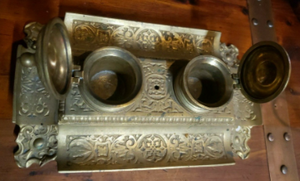 lot 105 image: Antique Elaborate Bronze Brass Double Ink Well Tray Desk Set