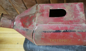 lot 112 image: Antique Enterprise Red Metal Coffee Hopper for Grinder Made in USA