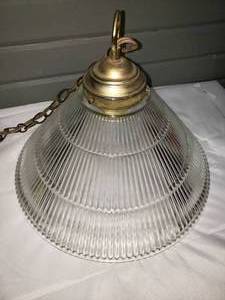 lot 54 image: Striking Mid Century Modern Holophane Ribbed Glass Cone Hanging Light & Matching Lamp