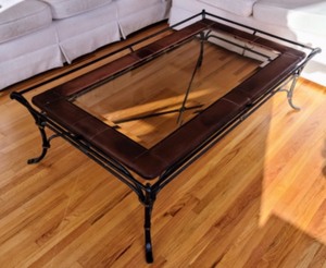 lot 15 image: Large Glass Topped Coffee Table w Leather Accenting