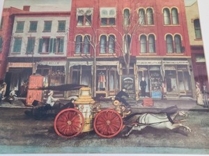 lot 315 image: Framed Fire Engine On Main Street Print By E. Opper