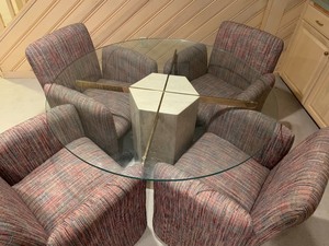 lot 215 image: Glass Top Pedestal Table w Four Chairs