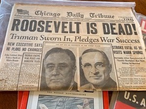 lot 414 image: Vintage Newspaper- Roosevelt is Dead and Magazines