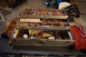 Vintage Metal Tackle Box with LuresHooksSpool
