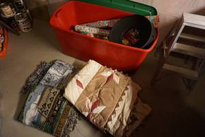 Large Bin of Wrapping Paper, Ribbon, Bows  3 Blankets or Throws