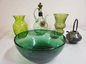 lot 92 image: Green Glassware Lot & Metal Watering Can