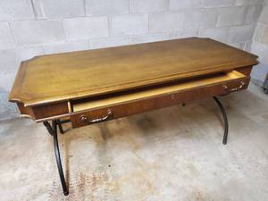 lot 94 image: Gorgeous Vintage Wooden Desk Wrought Iron Frame
