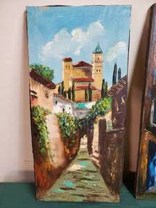 lot 96 image: Lot of (3) Panels Oil paintings on Canvas Artist Unknown