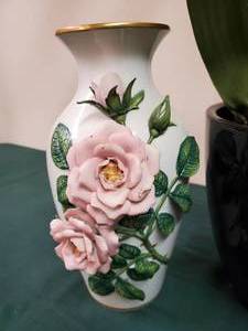 lot 215 image: (2) Celestial Rose Decorative Vases by Rosanne Sanders & Faux Orchid Plant