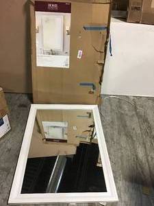 lot 47 image: 28 in. W x 40 in. H Framed Rectangular Anti-Fog Bathroom Vanity Mirror in White &nbspin good condition 