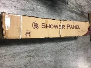 lot 51 image: 65 inches. 8-jet shower panel system with waterfall shower head and handheld shower rod (black painted stainless steel). &nbspin good condition 