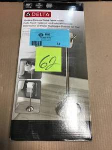lot 62 image: Greenwich Telescoping Pivoting Free-Standing Toilet Paper Holder in SpotShield Brushed Nickel &nbspin good condition 