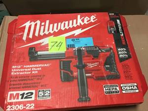 lot 74 image: M12 12-Volt Lithium-Ion Cordless HammerVac Universal Dust Extractor Kit W(2) 1.5Ah Batteries, Charger & Case by Milwaukee &nbspin good condition 