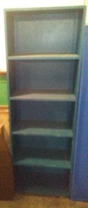 Blue Bookshelf, bench on its side.