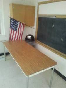 Table, Cabinet, Trashcan, American Flag