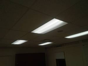 Ceiling Tile and Grid, lights, ductwork, wiring.