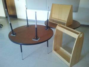 3 Round Tables plus Library Stands, adjustable Height,