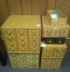 6 Library Drawer Sets Wood and Metal. - for Dewey Decimal Cards