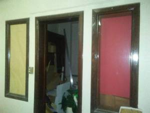 30 in.  x 84 in. door, 2 vintage windows, and shelving unit