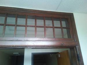 Large double door, glass transom, frame. No doors