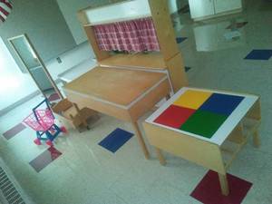 Misc. contents of room. Kindergarten play furniture - wood, file cabinet, Smart Board, cork board, white board & more