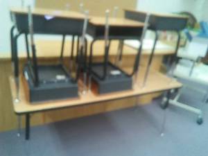 6 ft. Table and 5 Metal Desks.
