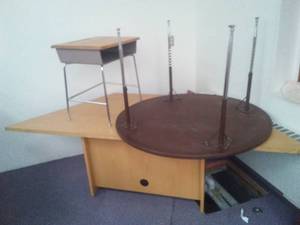 Large Trapezoid Workstation and Round Table