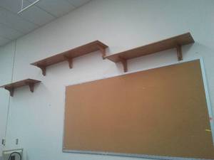 3 Oak Shelves � decorative, White board, bulletin board (5 pcs total)
