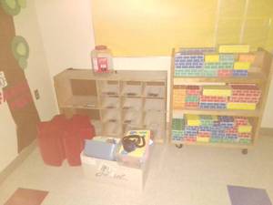 2 castered wood carts, blocks & more.