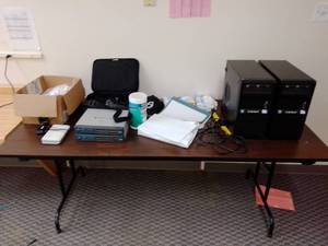 2 Computers, 2 Linksys 16 port routers and more. Includes Folding table.