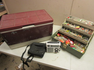 lot 208 image: EMERGENCY AMFM WEATHER RADIO WITH LIGHT, TACKLE BOX, WITH ASSRTD. LURES, COLEMAN COOLER