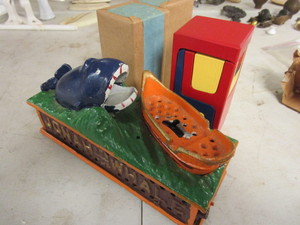 lot 235 image: VINTAGE JONAH AND THE WHALE CAST-IRON BANK, WOOD PUZZLES