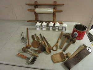 lot 236 image: VINTAGE G.M.T. CO. GERMANY SPICE CANISTERS, PIN ROLLER W RACK, WOOD KITCHEN UTENSILS, MORE