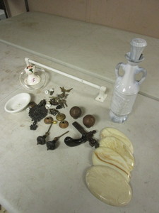 lot 237 image: VINTAGE OLYMPIC DECANTER, TOWEL HOLDERS, ASSORTED HARDWARE