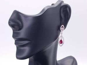 lot 21 image: Brand New Upscale Fancy Fine Natural Ruby and Diamond Dangle Earrings in 14k White Gold $3100 Retail