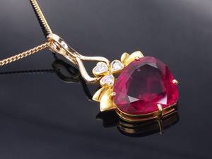 lot 23 image: 7 Carat Natural Rubellite Tourmaline and Diamond Estate Pendant in 14k Yellow Gold $4250 Retail