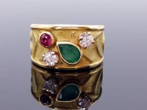 lot 24 image: Fine Designer One-of-a-Kind Diamond, Ruby, Emerald Estate Ring in 18k Yellow Gold $6800 Retail