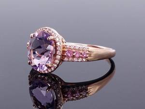 lot 33 image: Stunning LeVian Designer Signed Diamond, Pink Sapphire, and Amethyst Ring in 14k Strawberry Gold $2499 Retail