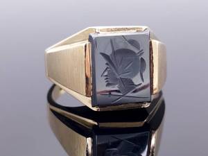 lot 47 image: Mens Hematite Intaglio (Carved Cameo) Gladiator Ring in Yellow Gold $1575 Retail