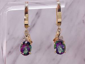 lot 53 image: Mesmerizing Mystic Topaz Dangle Estate Earrings in 14k Yellow Gold