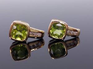 lot 60 image: Natural Peridot and Diamond Estate Earrings in 14k Yellow Gold