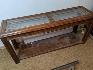 lot 91 image: Narrow Wood Sofa Table with Glass Inlays