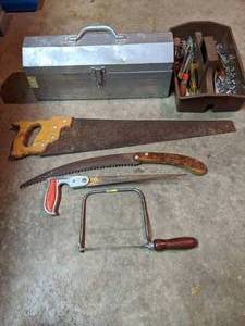 lot 239 image: Toolbox Filled w Tools & (4) Saws