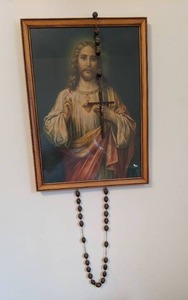 lot 47 image: Large Wood Rosary and Framed Sacred Heart Art Print