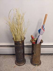 lot 182 image: Pair of Vintage Umbrella Stands with Hammered Brass Finish  Umbrellas