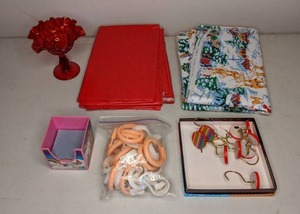 lot 196 image: Holiday Tablecloths, Vintage Vase and Shower Curtain Rings