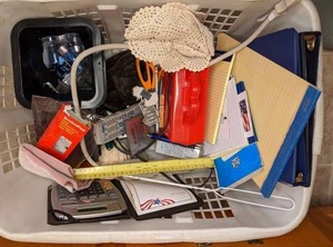 lot 207 image: Laundry Hamper with Assorted Office Supplies