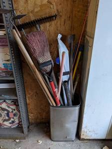 lot 227 image: Assorted Yard Tools Rakes, Brooms, etc.