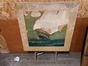 lot 235 image: Weathered Ship Artwork on Wood Stand