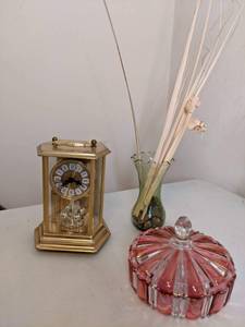 lot 215 image: Elgin Quartz Anniversary Clock, Vintage Candy Dish and Vase